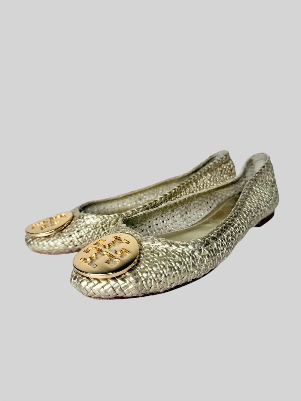 Tory Burch Reva gold metallic wovem raffia ballet flats